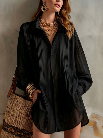 Women's Oversized Pleated Collared Shirt Long Sleeve Blouse