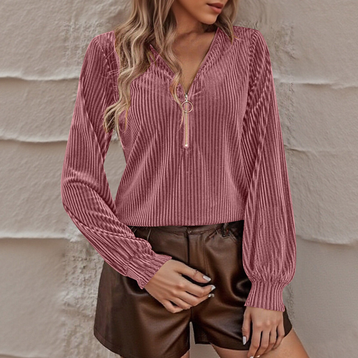 Women's Ribbed Velvet Half Zip V Neck Long Sleeve Top