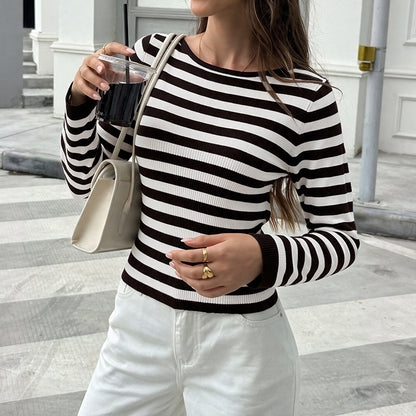 Women's Striped Boat Neck Long Sleeve Knit Sweater