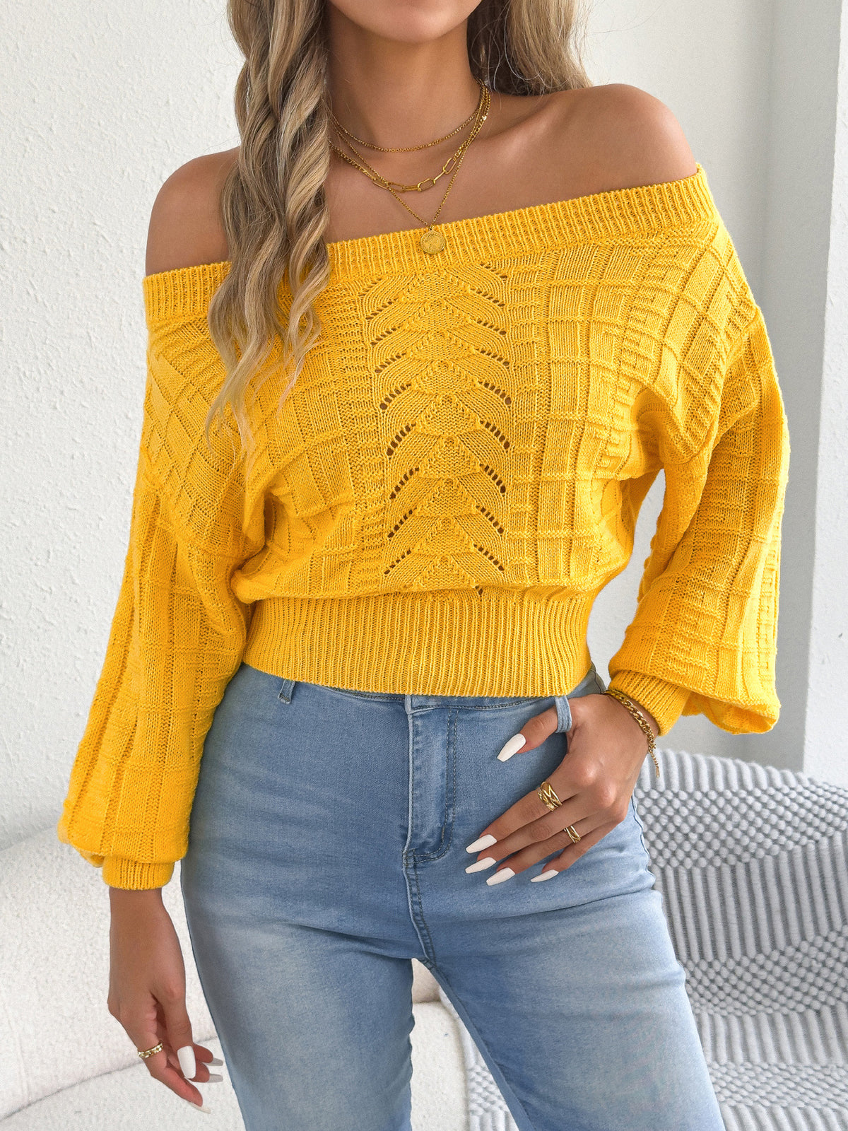 Off Shoulder Cutout Cropped Sweater Lantern Sleeve Top