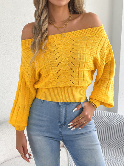 Off Shoulder Cutout Cropped Sweater Lantern Sleeve Top