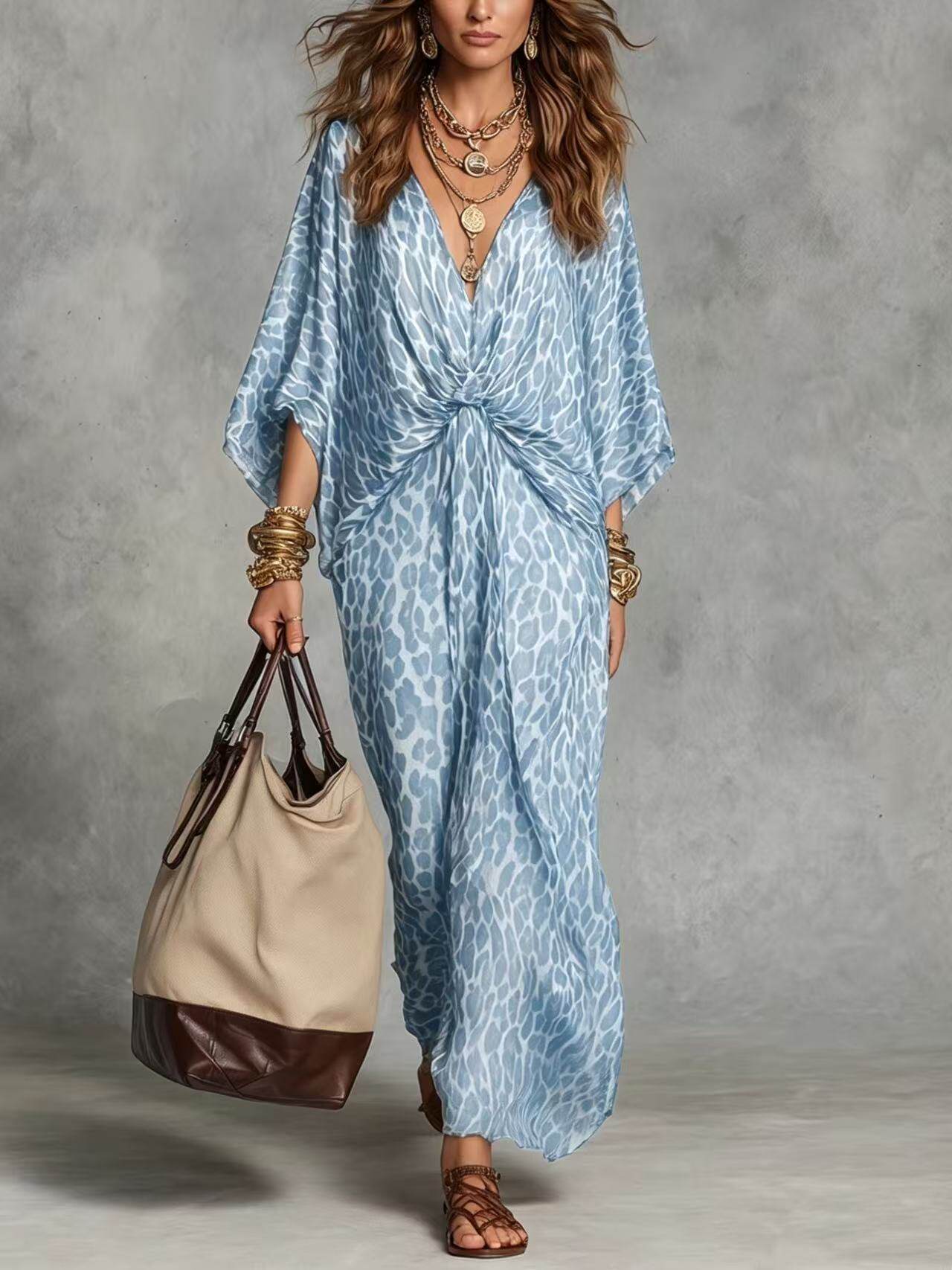 Leopard Print V-Neck Maxi Dress Batwing Sleeve Twist Front