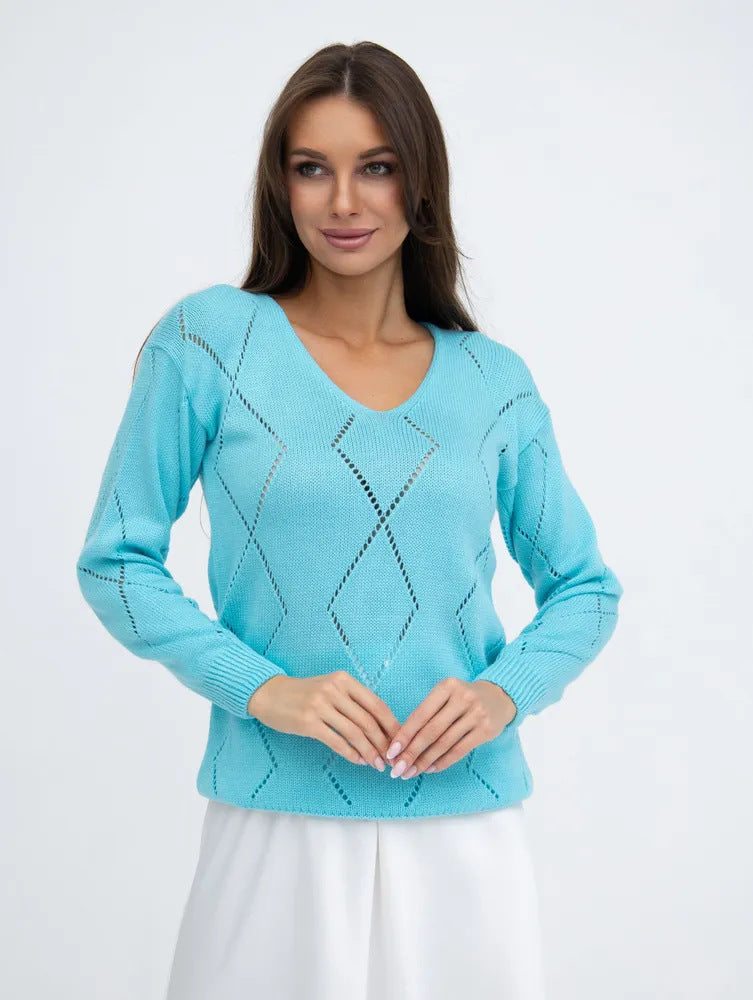 V-Neck Pointelle Sweater Women Oversized Diamond Knit Top