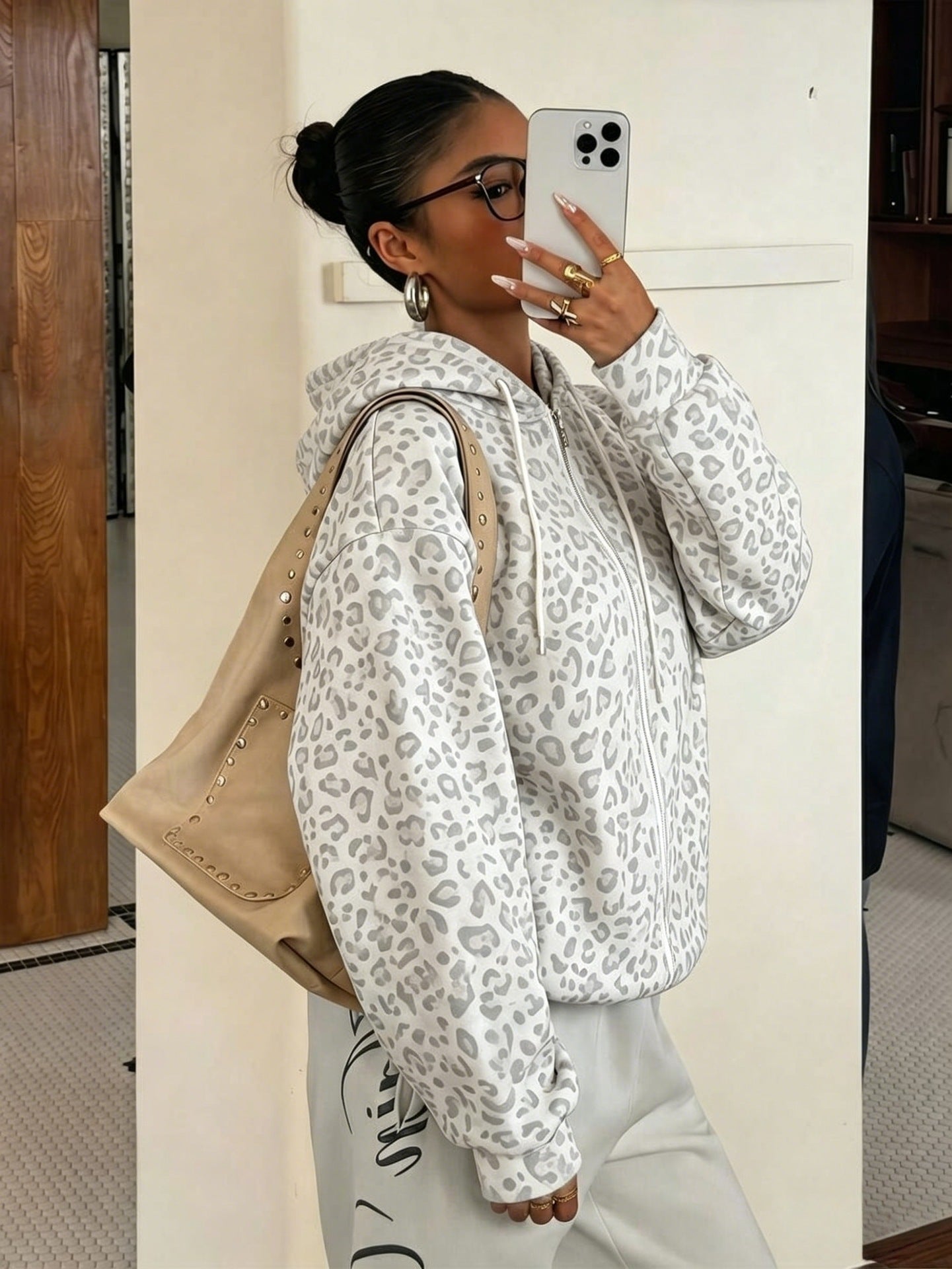 Y2K Leopard Print Fleece Zip Up Hoodie