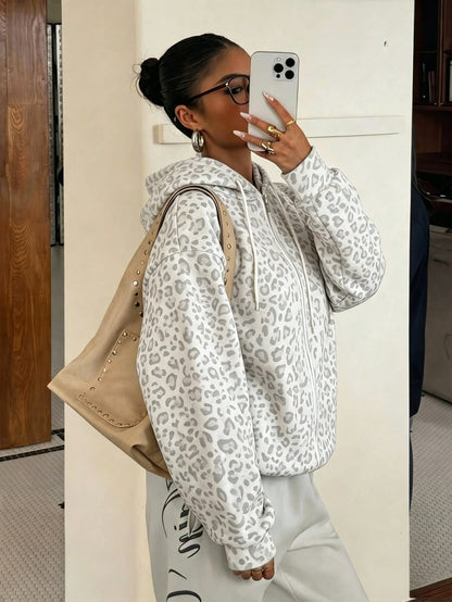 Y2K Leopard Print Fleece Zip Up Hoodie