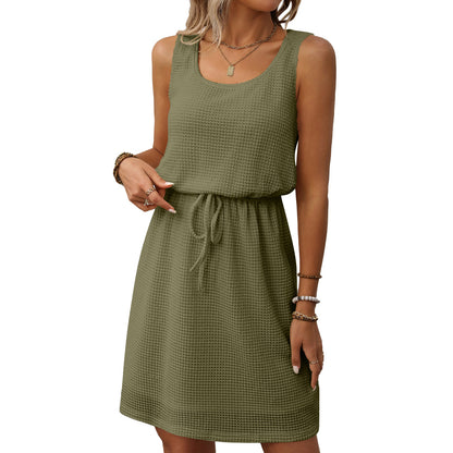 Waffle Knit Sleeveless Drawstring Waist Mini Dress