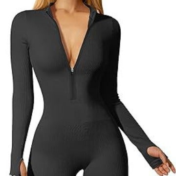 Women's Ribbed Zip Front Long Sleeve Workout Jumpsuit
