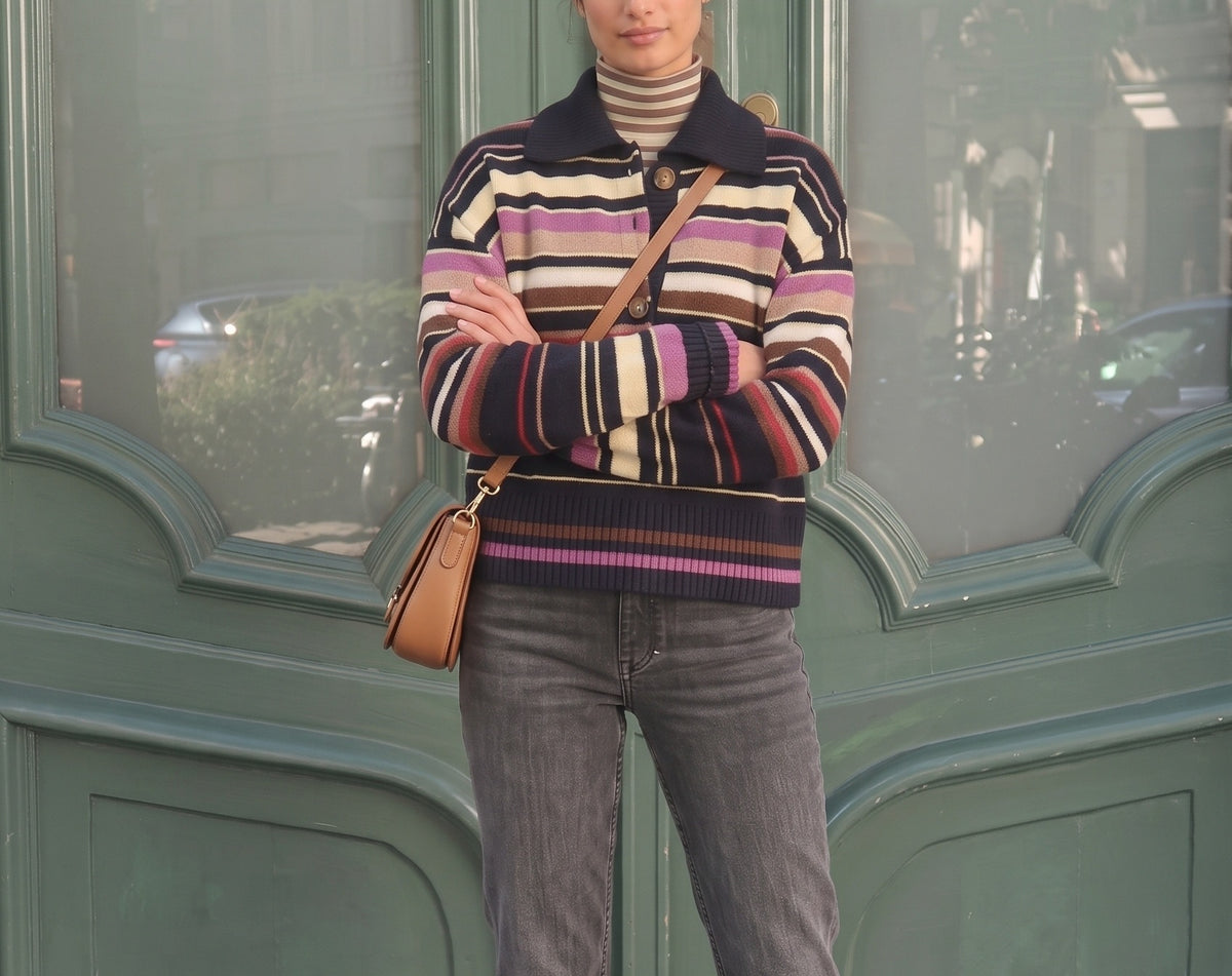 Women's Striped Polo Collar Long Sleeve Sweater