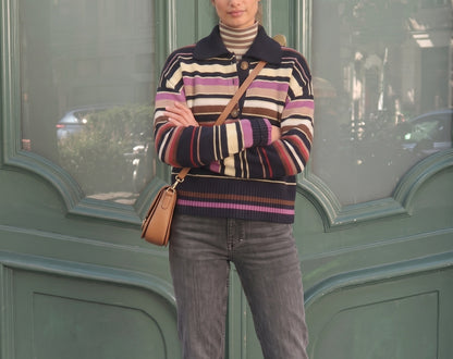 Women's Striped Polo Collar Long Sleeve Sweater
