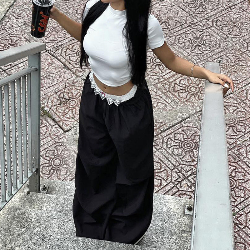 Lace Trim High Waist Baggy Cargo Pants Wide Leg