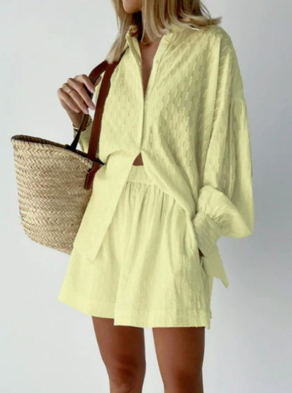 Women's Cotton Jacquard Shirt and Shorts Two Piece Set