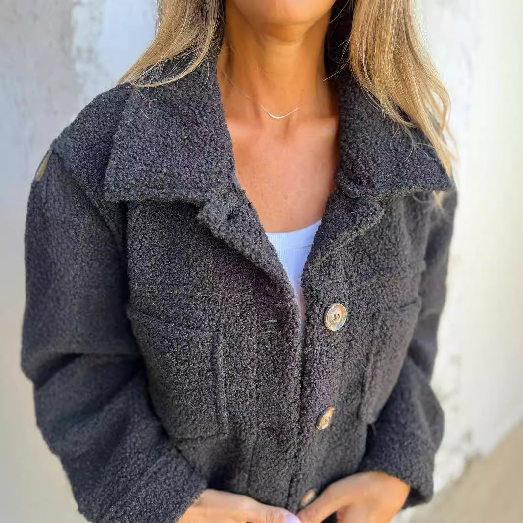 Women's Sherpa Fleece Button Jacket Collared Cozy Coat