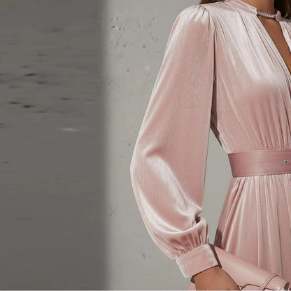 Women's Puff Sleeve V Neck Pleated Belted Maxi Dress
