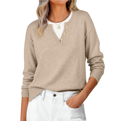 Women's Layered Henley Sweater Long Sleeve Knit Top
