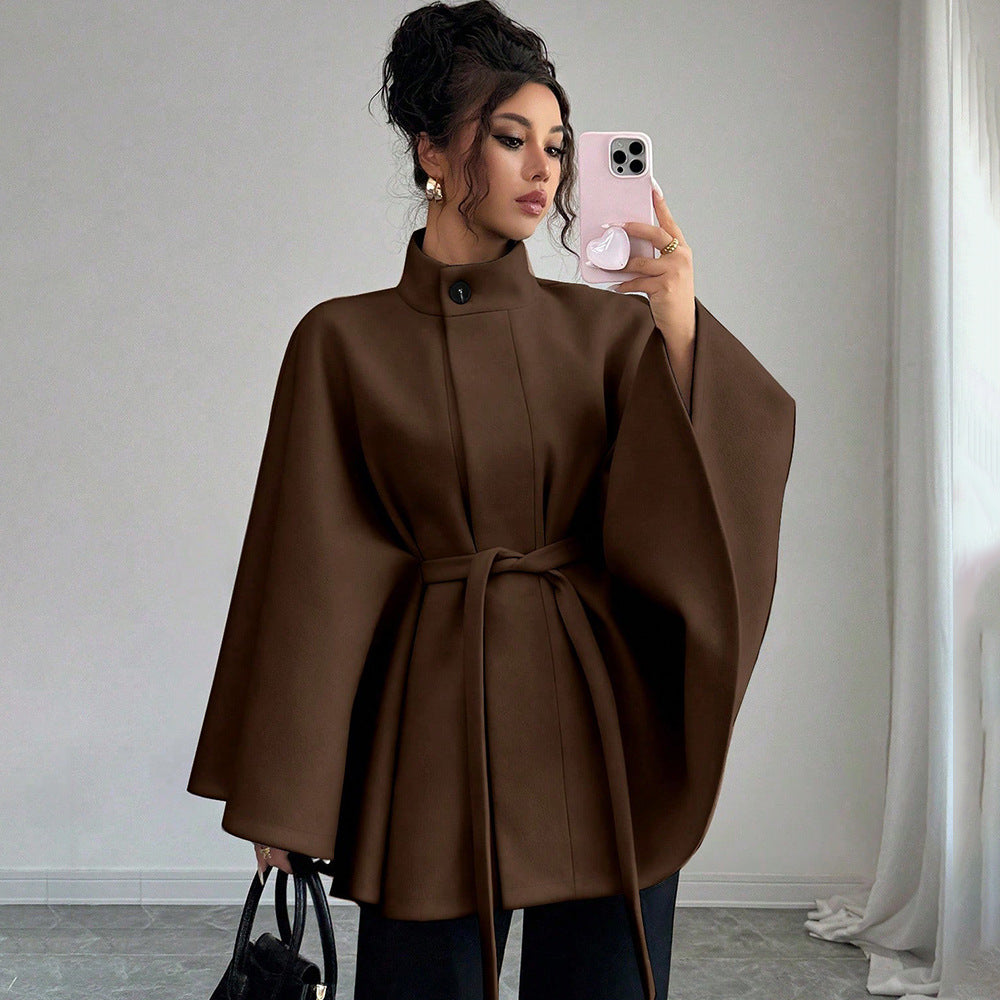 Women's Belted Cape Coat Stand Collar Wool Jacket