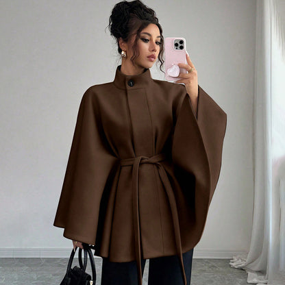 Women's Belted Cape Coat Stand Collar Wool Jacket