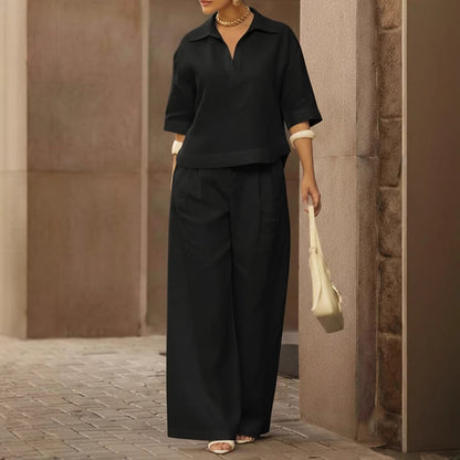 Women's Solid Matching Set Wide Leg Pants Collared Top