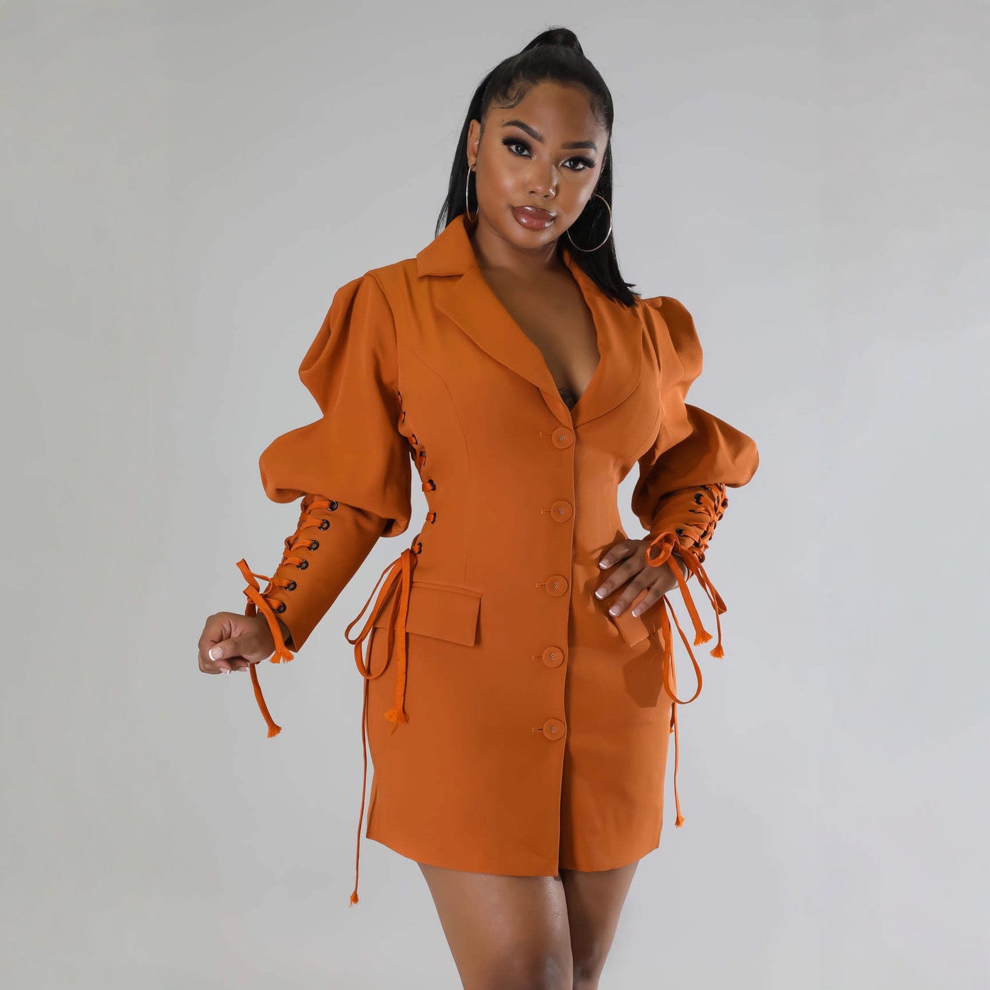 Women's Lace Up Puff Sleeve Blazer Dress Cinched Waist