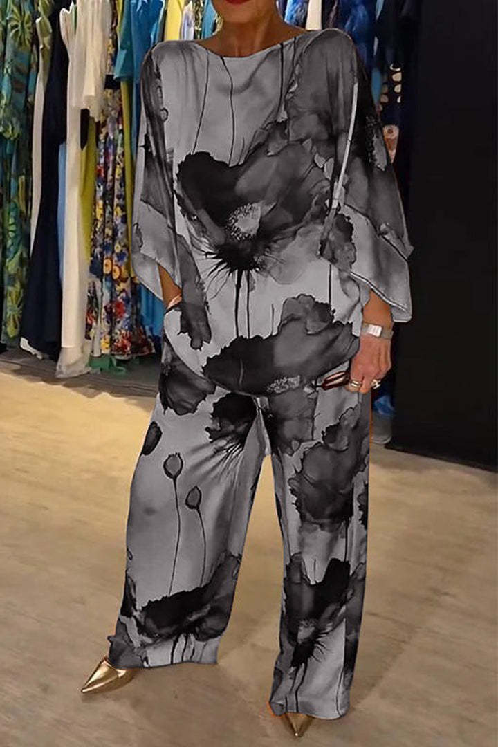 Women's Satin Floral Batwing Wide Leg Pants Set