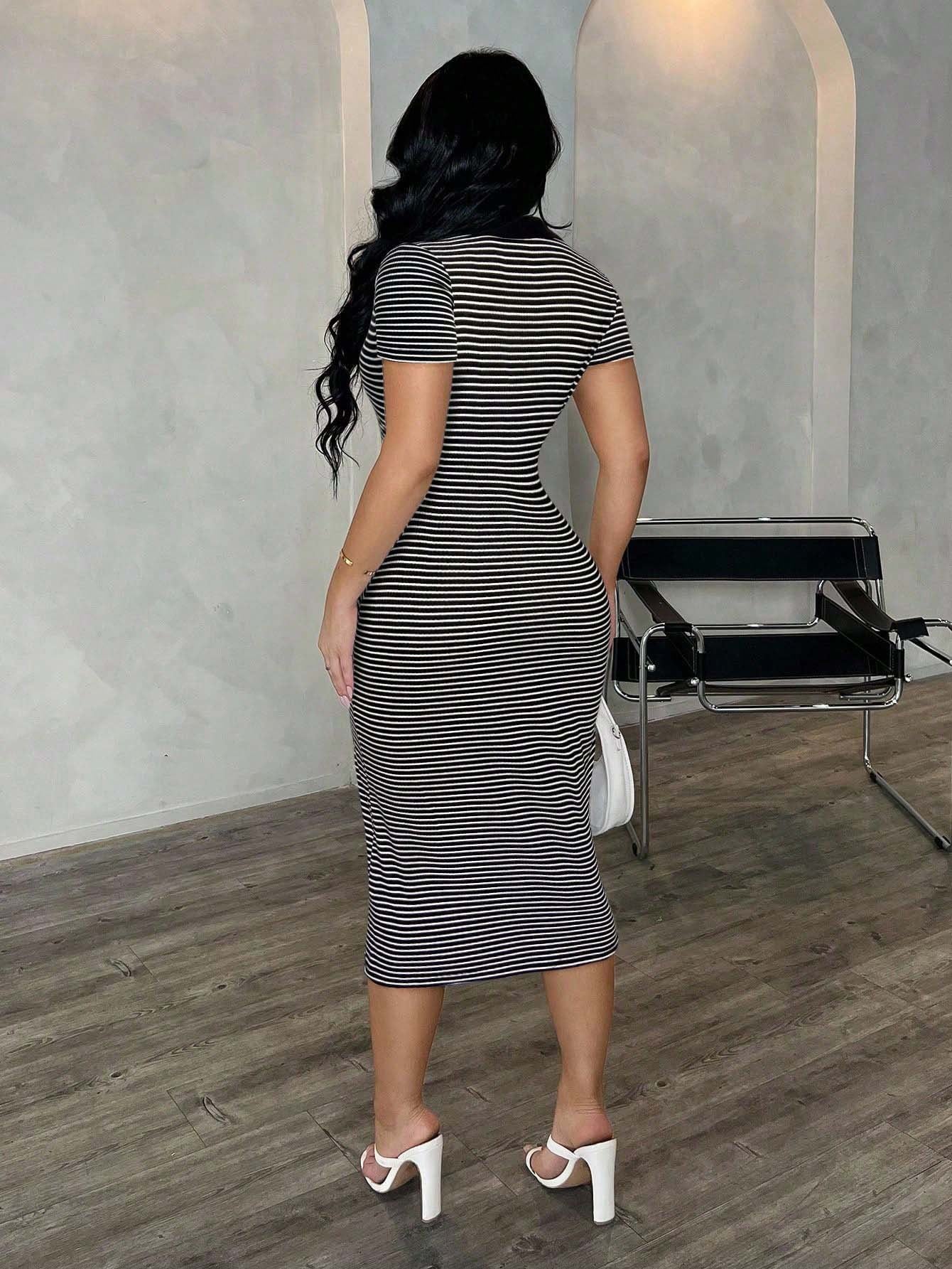 Polo Collar Stripe Bodycon Midi Dress Short Sleeve Casual