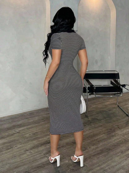 Polo Collar Stripe Bodycon Midi Dress Short Sleeve Casual