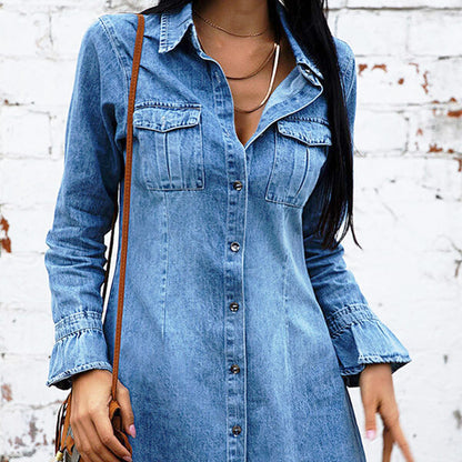 Vintage Denim Shirt Dress Long Sleeve Slim Fit Women