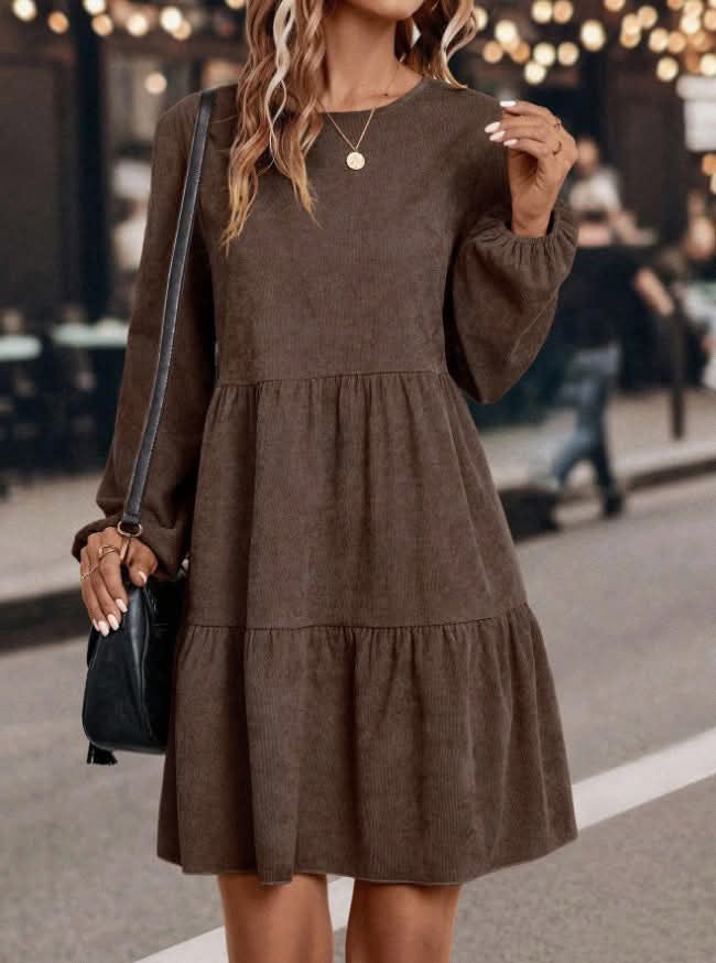 Women's Corduroy Long Sleeve Tiered Fall Casual Midi Dress