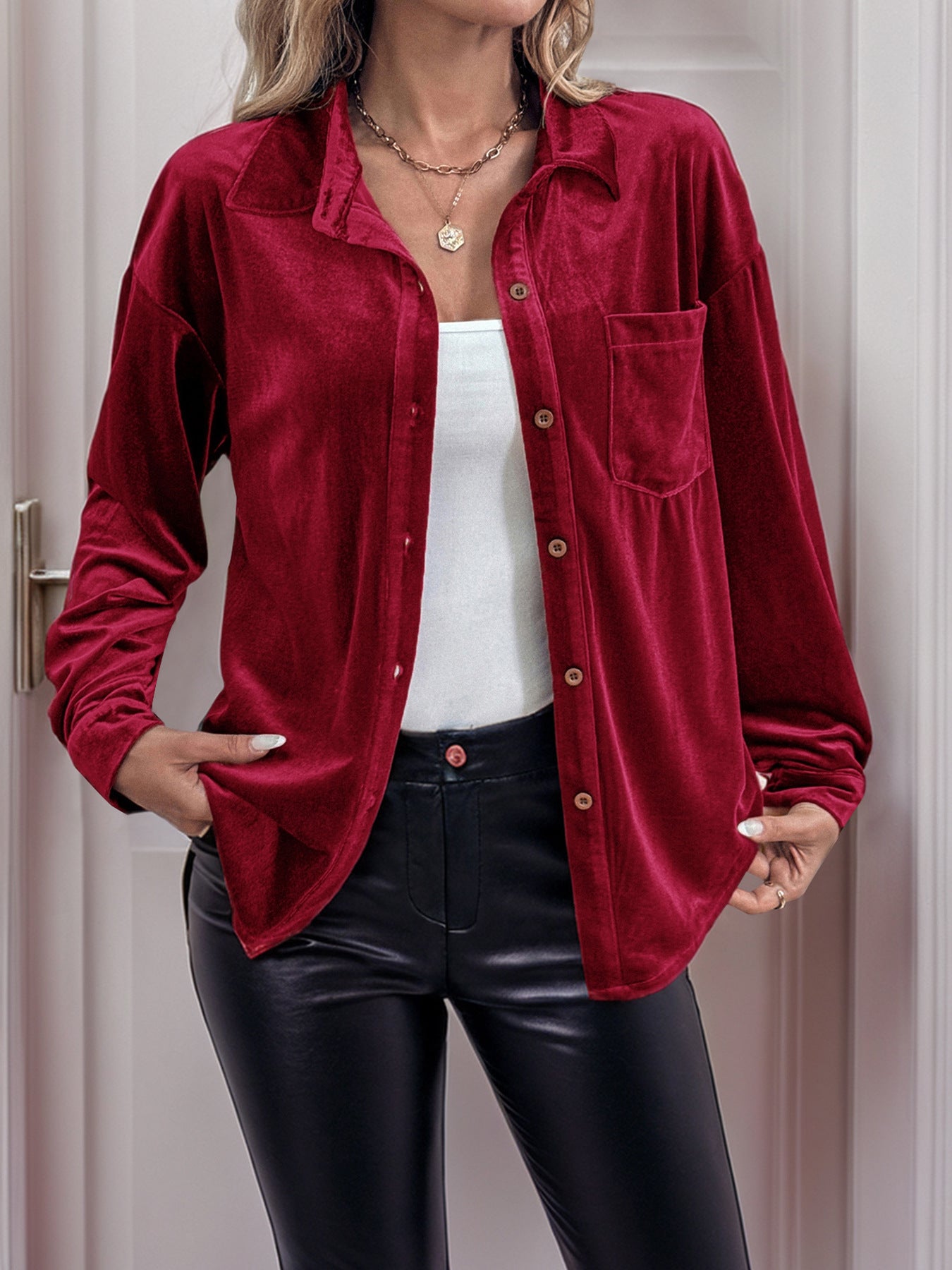 Velvet Button Down Lantern Sleeve Collared Blouse