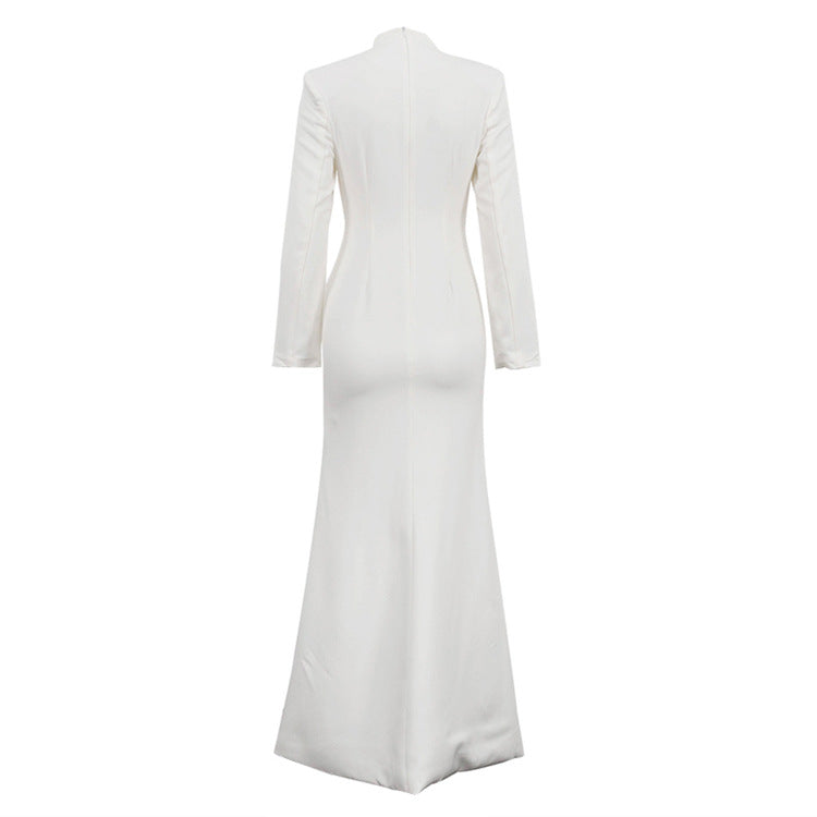 V-Neck Long Sleeve Button Front Slit Bodycon Maxi Dress