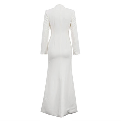 V-Neck Long Sleeve Button Front Slit Bodycon Maxi Dress
