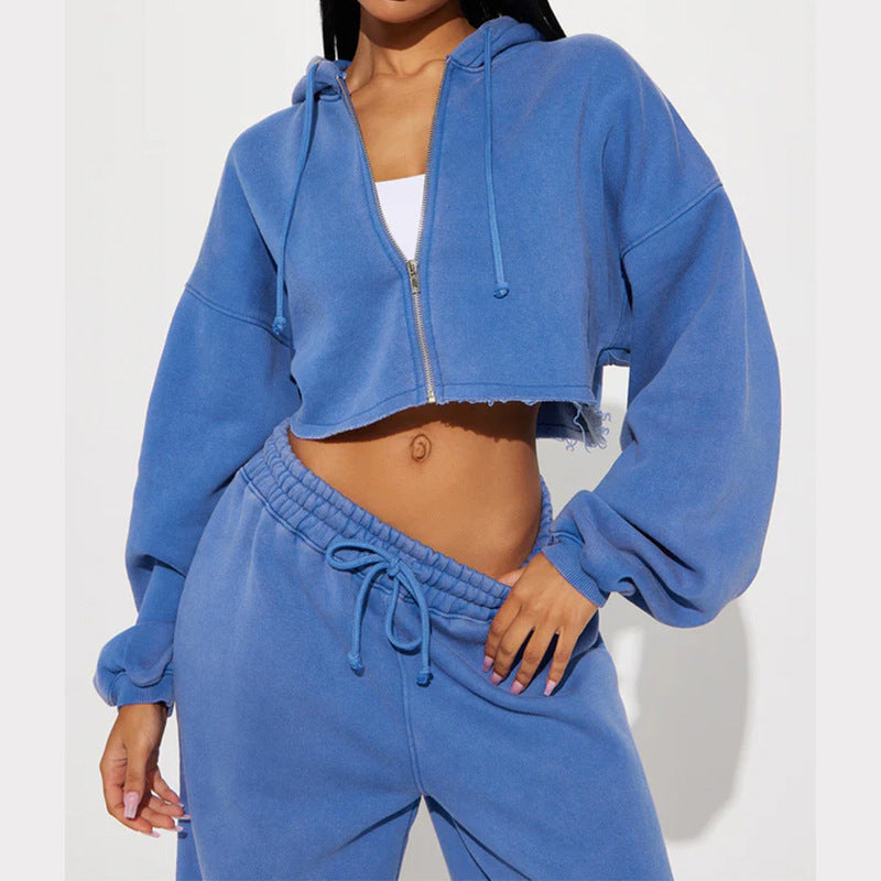Women's Two Piece Crop Zip Hoodie Wide Leg Sweatpants Set