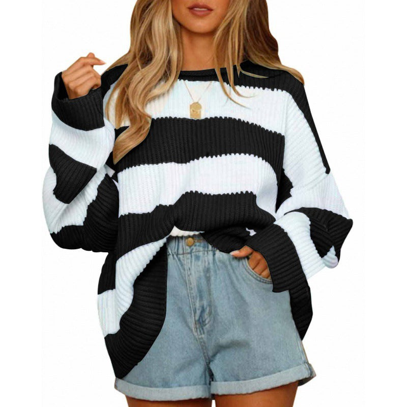 Women's Oversized Striped Crewneck Knit Sweater Pullover