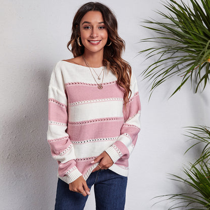 Women's Off Shoulder Striped Crochet Knit Sweater