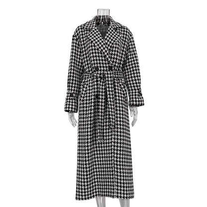 Women's Houndstooth Maxi Winter Coat Double Breasted Belted
