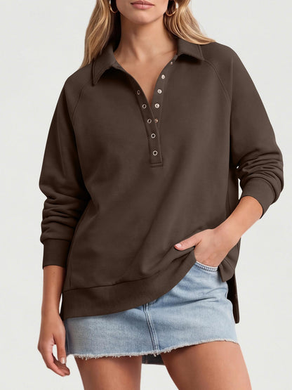Women's Oversized Collared Button Pullover Sweatshirt