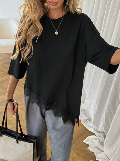 Lace Hem Cotton T Shirt Oversized Short Sleeve Casual Top