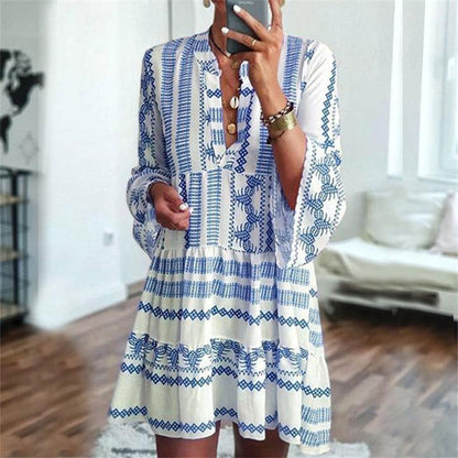 Boho Geometric V-Neck Flare Sleeve Mini Dress