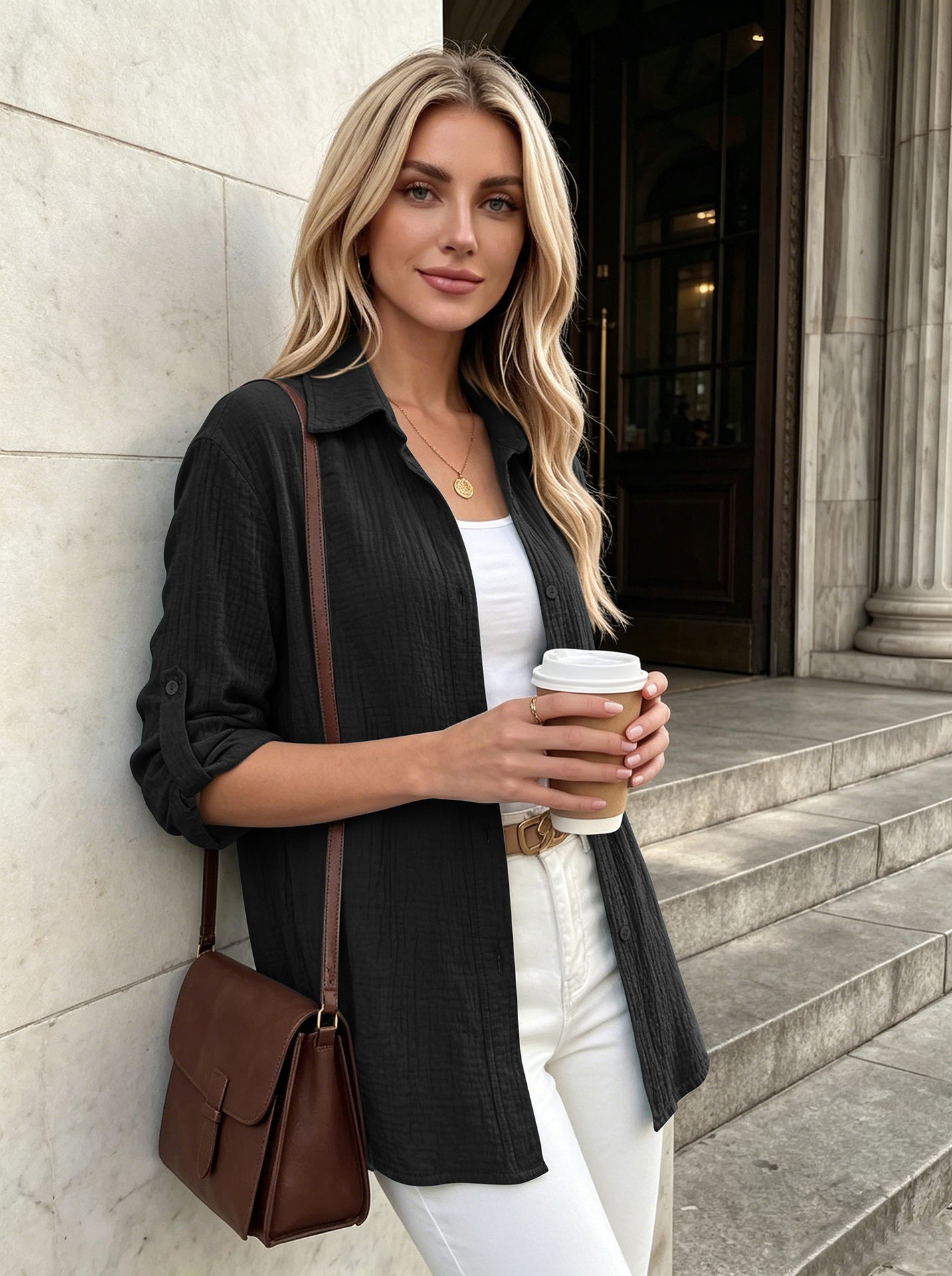 Textured Gauze Button Shirt Roll Tab Sleeve Top