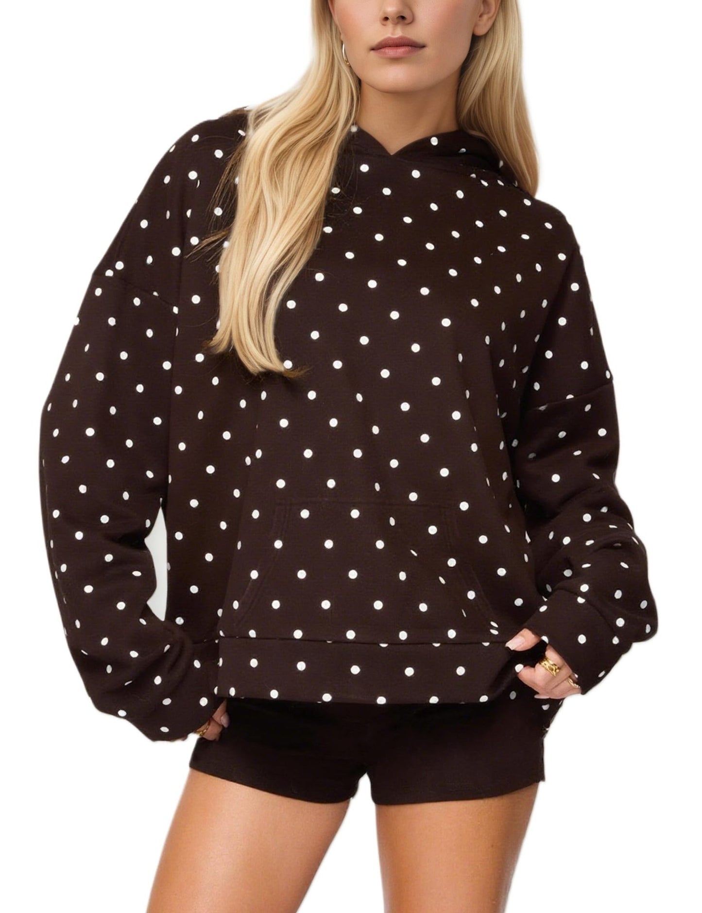 Polka Dot Hoodie Kangaroo Pocket Relaxed Fit Sweatshirt