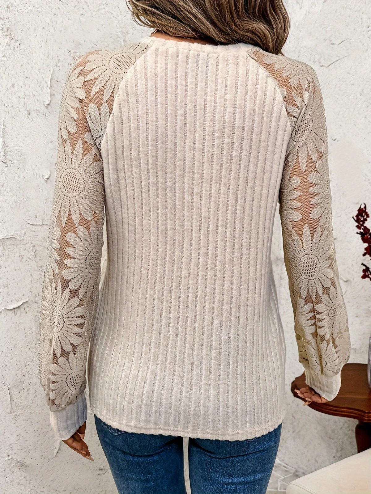 Lace Sleeve Crewneck Knit Pullover Top