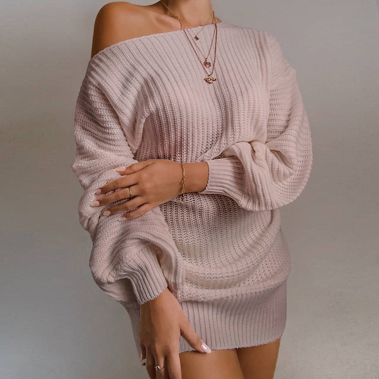 Off Shoulder Balloon Sleeve Ribbed Sweater Dress