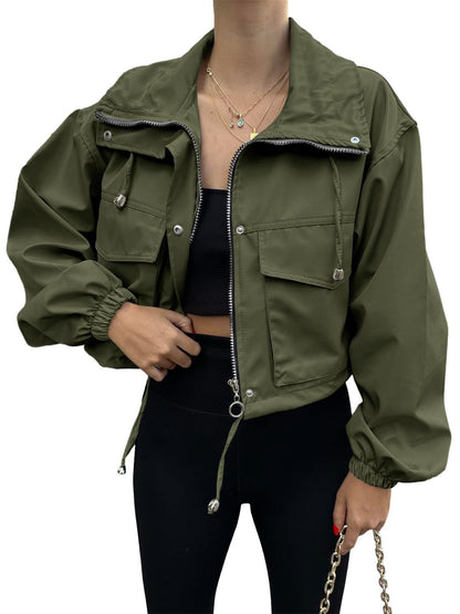 Women's Oversized Zip Up Cropped Jacket Pockets