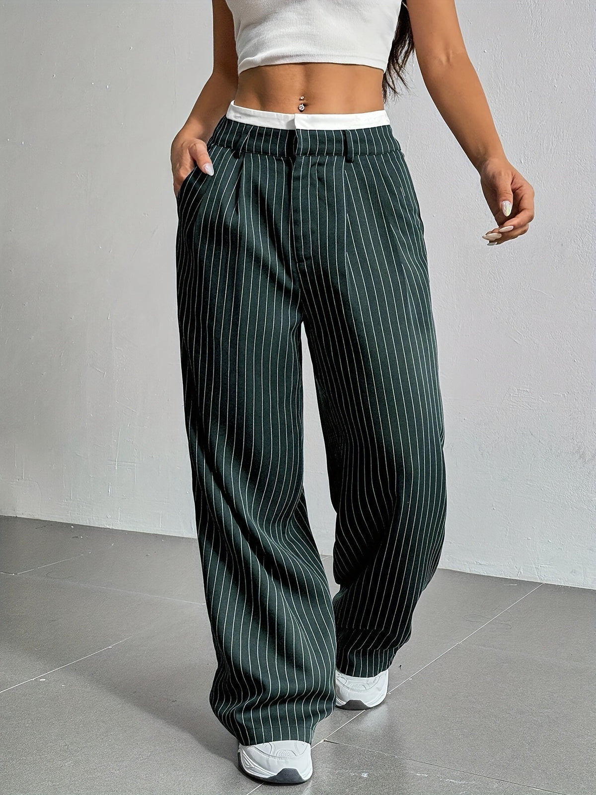 Women's High Waist Striped Wide Leg Trousers