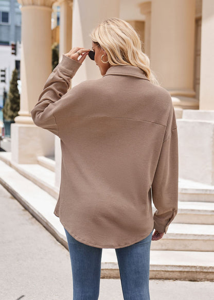 Women’s Casual Loose Fit Button Down Waffle Knit Shirt Jacket
