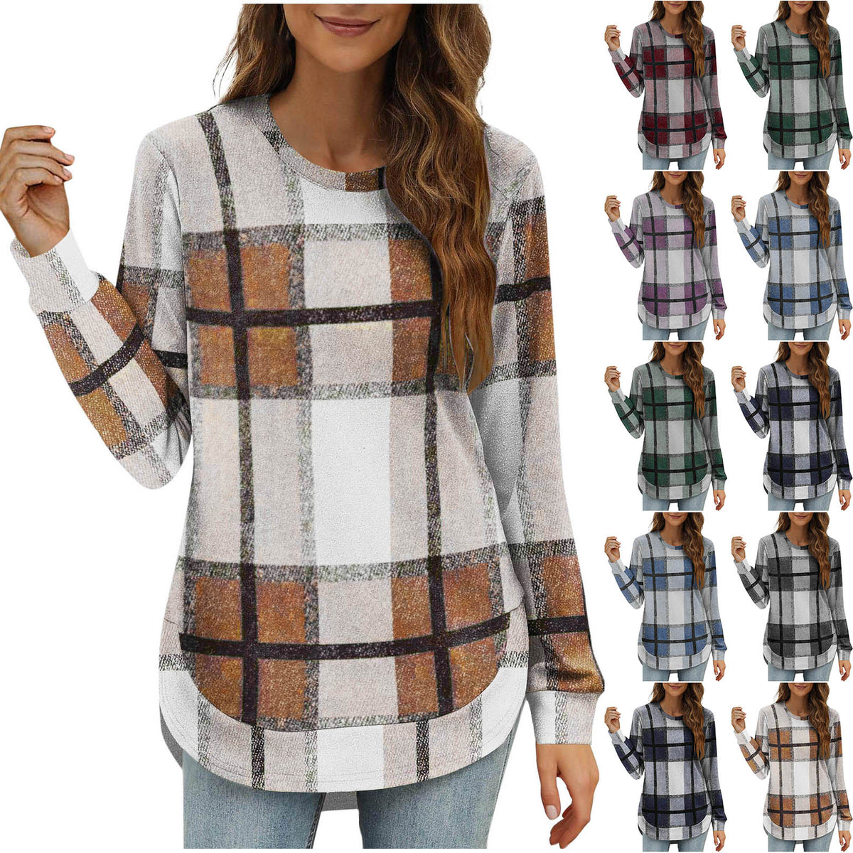 Women's Plaid Oversized Long Sleeve Crew Neck Tunic Top