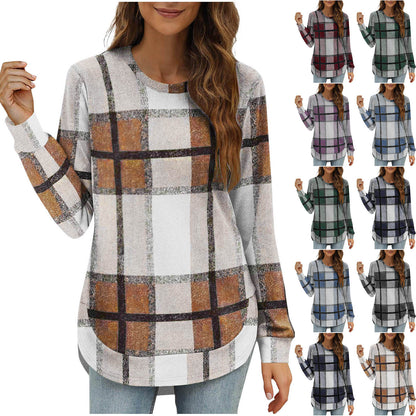 Women's Plaid Oversized Long Sleeve Crew Neck Tunic Top