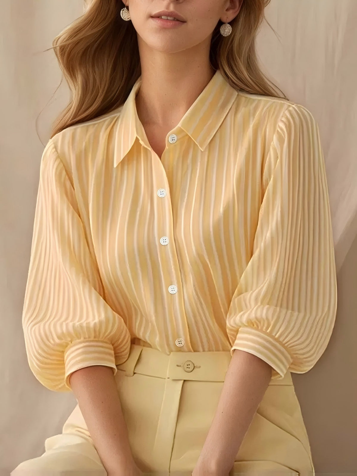 Striped Puff Sleeve Collared Workwear Blouse