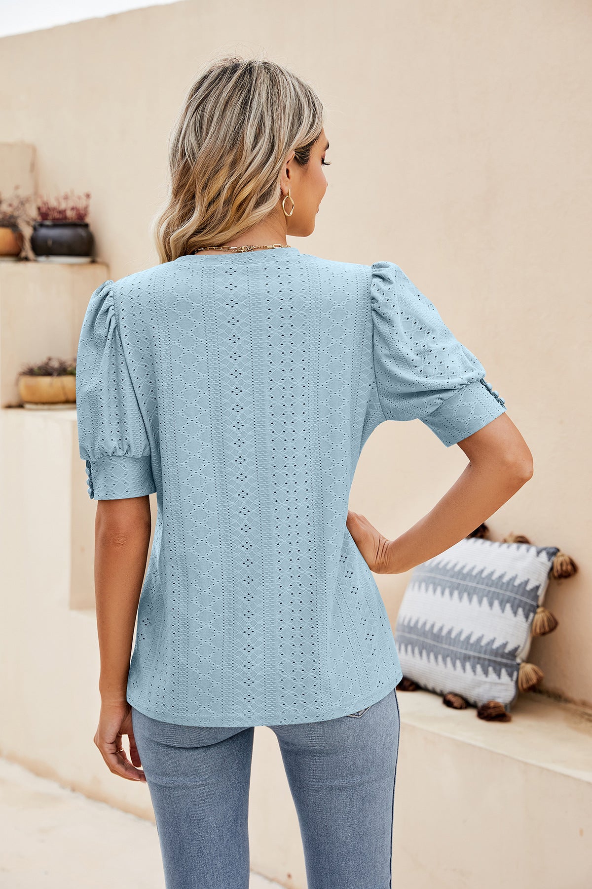Sweet Puff Sleeve Shirt with Embroidered Cutouts