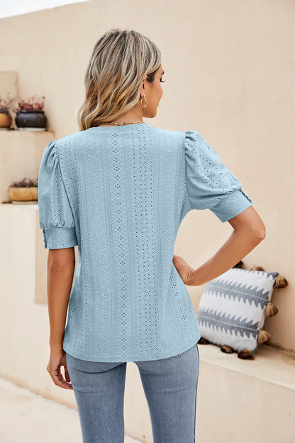Sweet Puff Sleeve Shirt with Embroidered Cutouts