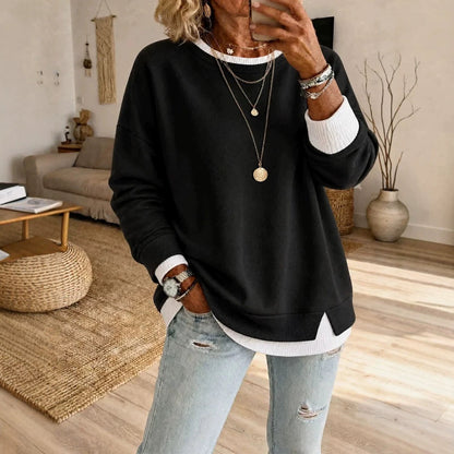 Oversized Layered Crewneck Sweatshirt Side Slit Ribbed